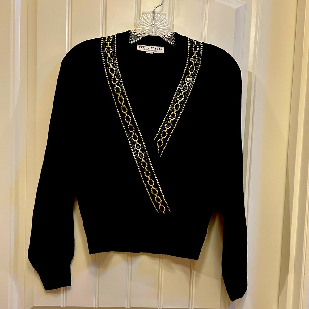 St John black v-neck sweater with gold and black sequin trim, size S.